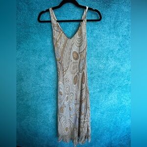 V neck paisley blue and gold pattern slip dress